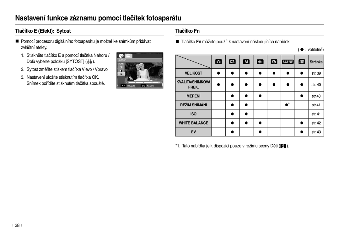 Samsung EC-L100ZSHA/E3, EC-L100ZBDA/E3, EC-L100ZSDA/E3, EC-L100ZBHA/E3 manual Tlačítko E Efekt Sytost, Tlačítko Fn 