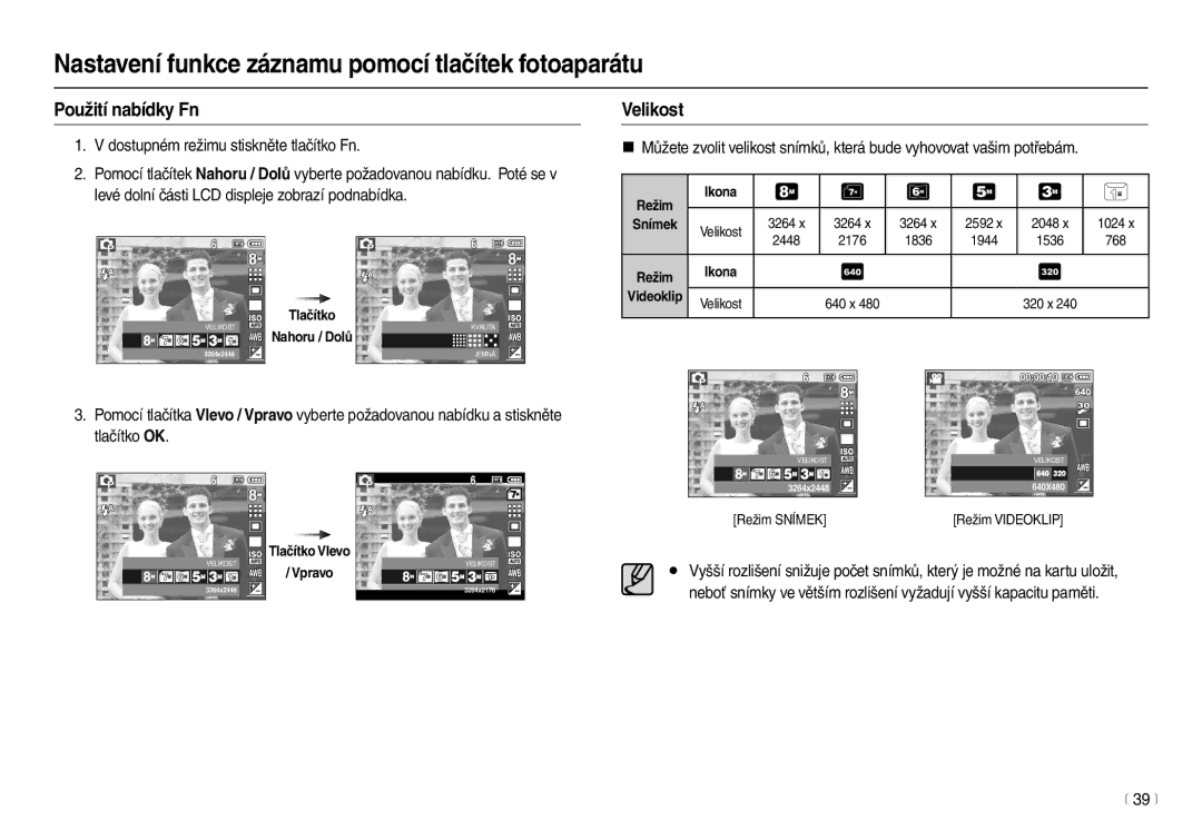 Samsung EC-L100ZBDA/E3, EC-L100ZSDA/E3 manual Použití nabídky Fn, Velikost, Dostupném režimu stiskněte tlačítko Fn, 39 m 