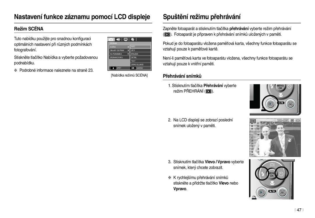 Samsung EC-L100ZBDA/E3, EC-L100ZSDA/E3, EC-L100ZBHA/E3 manual Spuštění režimu přehrávání, Režim Scéna, Přehrávání snímků 