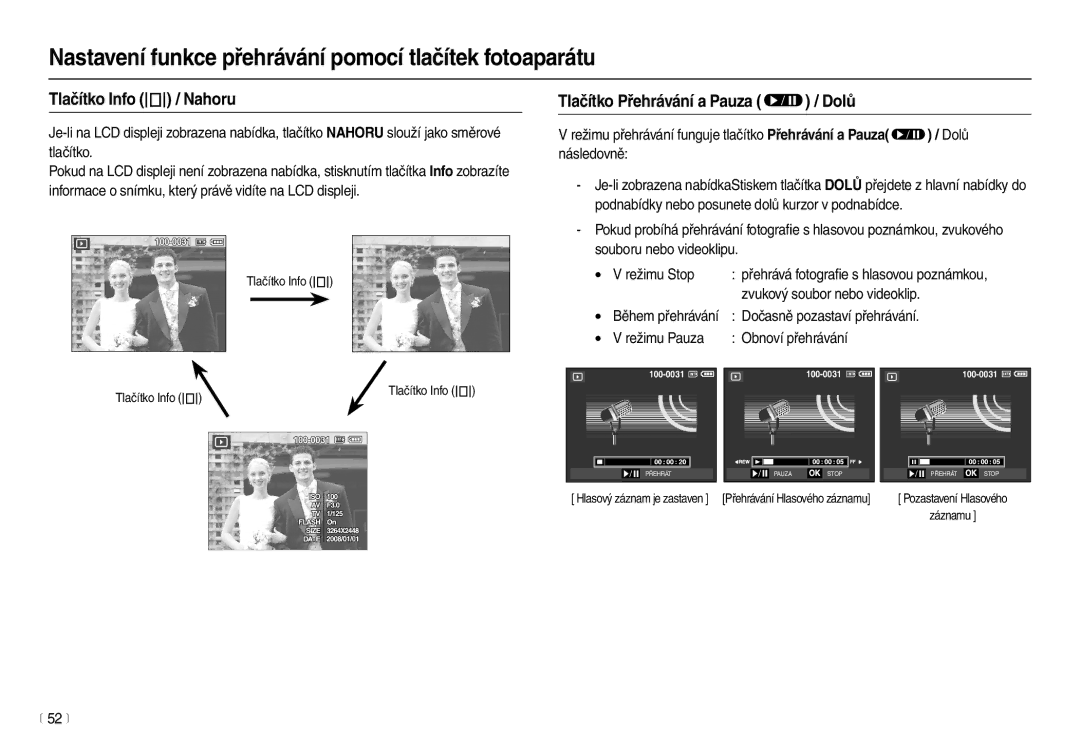 Samsung EC-L100ZSDA/E3, EC-L100ZBDA/E3, EC-L100ZBHA/E3 manual Tlačítko Info  / Nahoru, Tlačítko Přehrávání a Pauza  / Dolů 