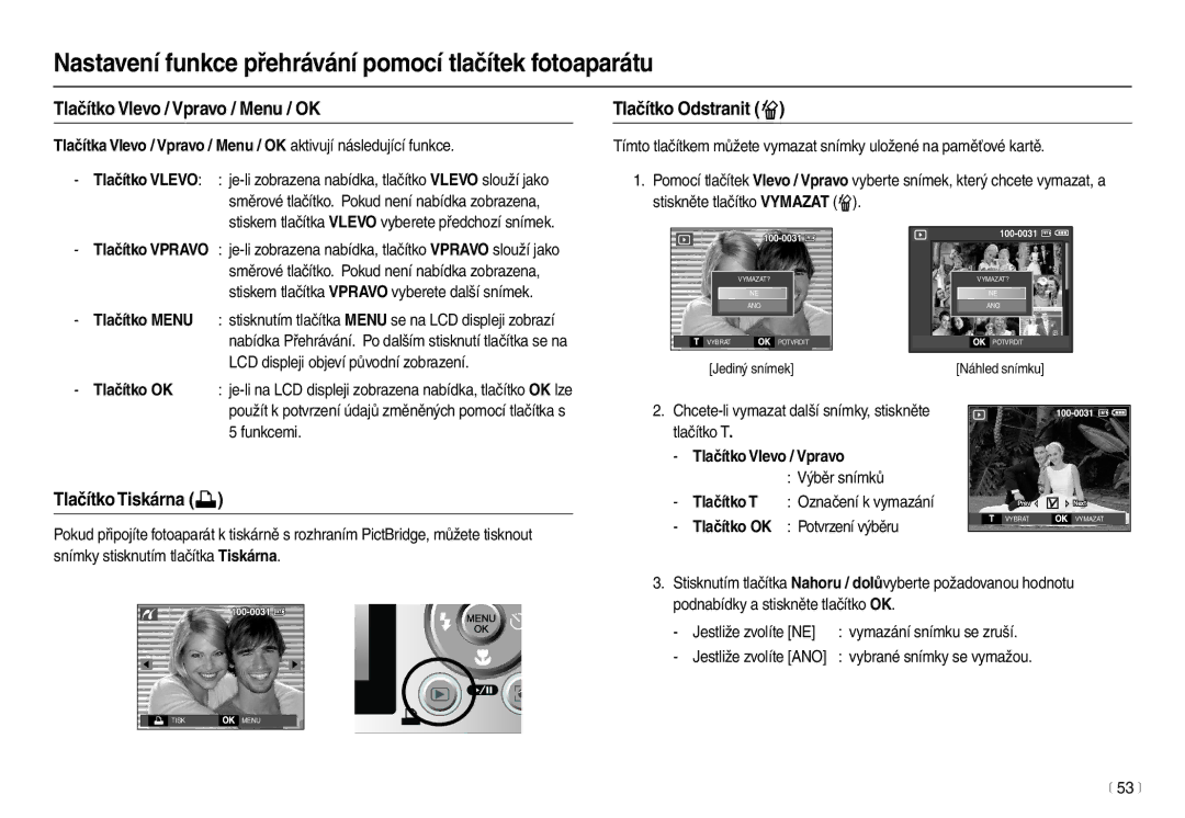 Samsung EC-L100ZBHA/E3 manual Tlačítko Vlevo / Vpravo / Menu / OK, Tlačítko Odstranit , Tlačítko Tiskárna , Tlačítko OK 