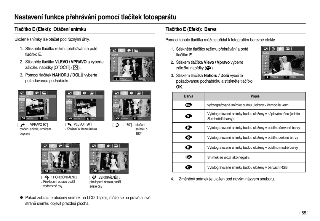 Samsung EC-L100ZBDA/E3, EC-L100ZSDA/E3, EC-L100ZBHA/E3 manual Tlačítko E Efekt Otáčení snímku Tlačítko E Efekt Barva 