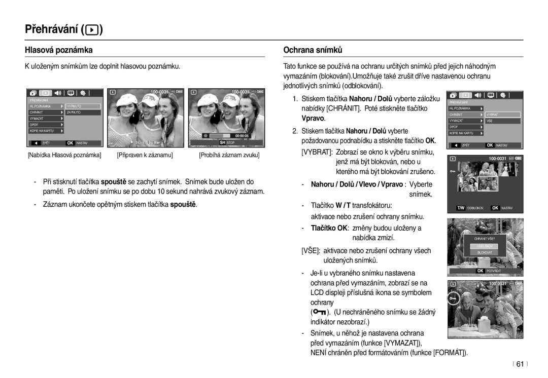 Samsung EC-L100ZBHA/E3 manual Přehrávání , Hlasová poznámka, Ochrana snímků, Nahoru / Dolů / Vlevo / Vpravo Vyberte 