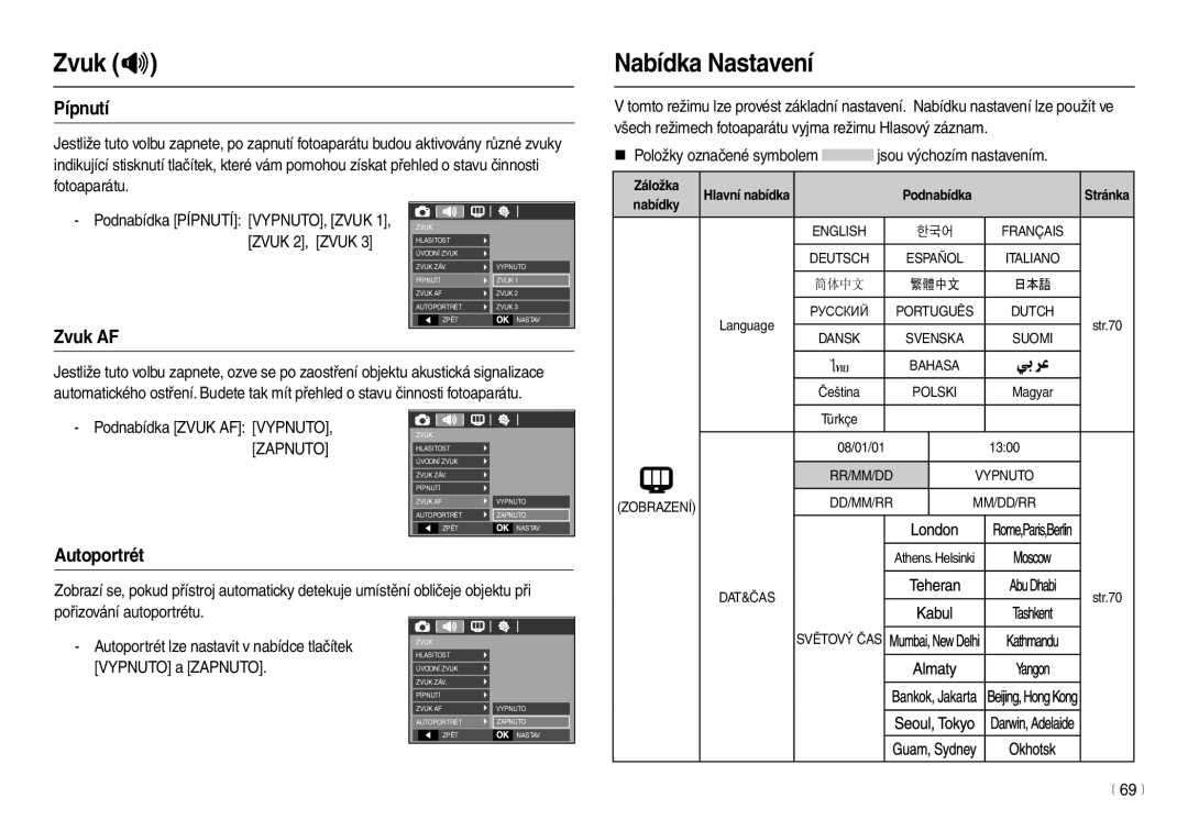 Samsung EC-L100ZBHA/E3, EC-L100ZBDA/E3 Nabídka Nastavení, Pípnutí, Zvuk AF, Autoportrét, Záložka Hlavní nabídka Podnabídka 