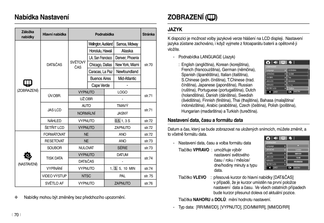 Samsung EC-L100ZSHA/E3, EC-L100ZBDA/E3 manual Nabídka Nastavení, Nabídky mohou být změněny bez předchozího upozornění 70 m 