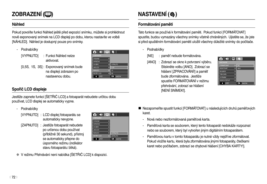 Samsung EC-L100ZSDA/E3, EC-L100ZBDA/E3, EC-L100ZBHA/E3, EC-L100ZSHA/E3 manual Náhled, Formátování paměti, Spořič LCD displeje 