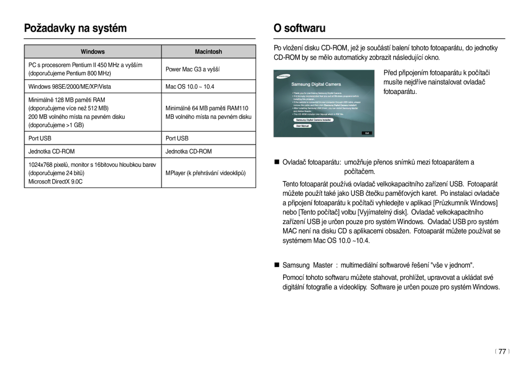 Samsung EC-L100ZBHA/E3, EC-L100ZBDA/E3, EC-L100ZSDA/E3 manual Požadavky na systém, Softwaru, 77 m, Windows Macintosh 