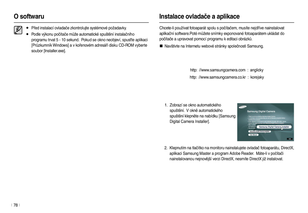 Samsung EC-L100ZSHA/E3 manual Instalace ovladače a aplikace, Před instalací ovladače zkontrolujte systémové požadavky, 78 m 