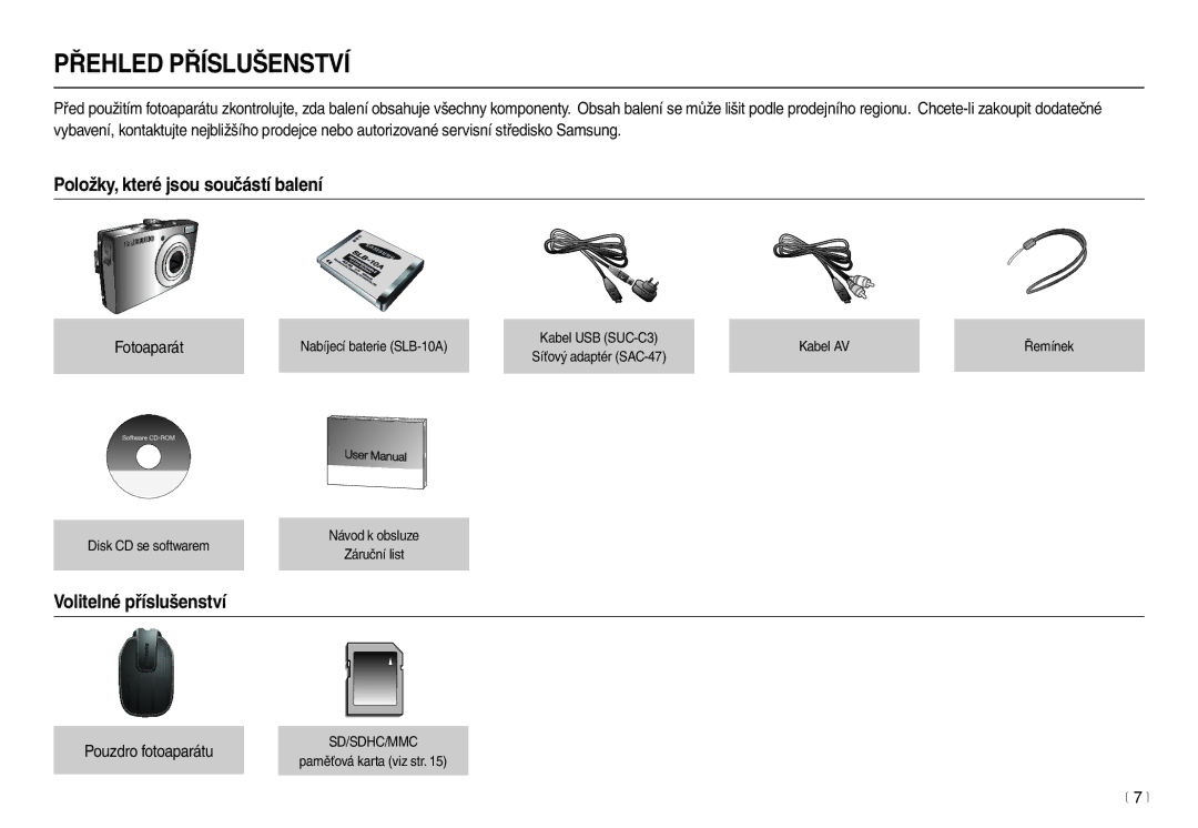 Samsung EC-L100ZBDA/E3 manual Položky, které jsou součástí balení, Volitelné příslušenství, Fotoaparát, Pouzdro fotoaparátu 