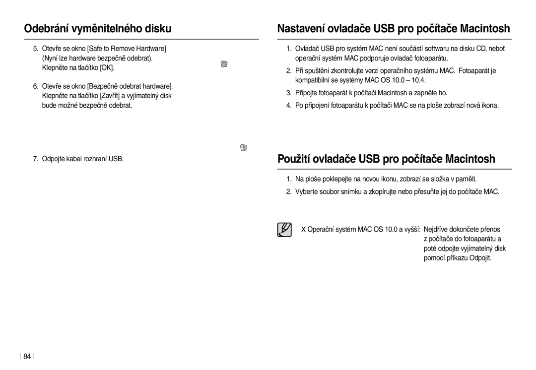 Samsung EC-L100ZSDA/E3, EC-L100ZBDA/E3, EC-L100ZBHA/E3, EC-L100ZSHA/E3 Použití ovladače USB pro počítače Macintosh, 84 m 