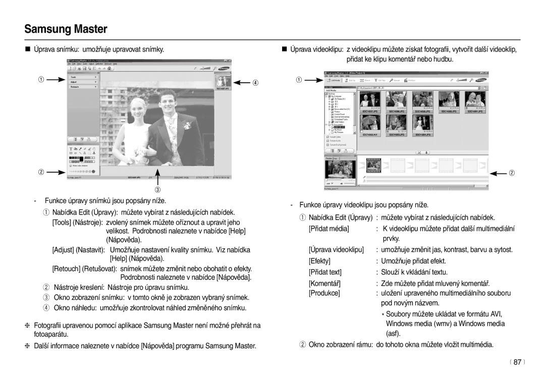 Samsung EC-L100ZBDA/E3 manual Nástroje kreslení Nástroje pro úpravu snímku, Prvky, Úprava videoklipu, Pod novým názvem, Asf 