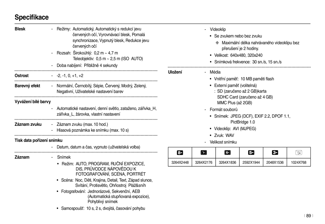 Samsung EC-L100ZBHA/E3, EC-L100ZBDA/E3, EC-L100ZSDA/E3, EC-L100ZSHA/E3 manual Speciﬁkace 