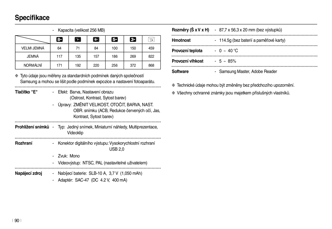 Samsung EC-L100ZSHA/E3, EC-L100ZBDA/E3 manual Tlačítko E, Rozhraní, Hmotnost, Provozní teplota, Provozní vlhkost, Software 