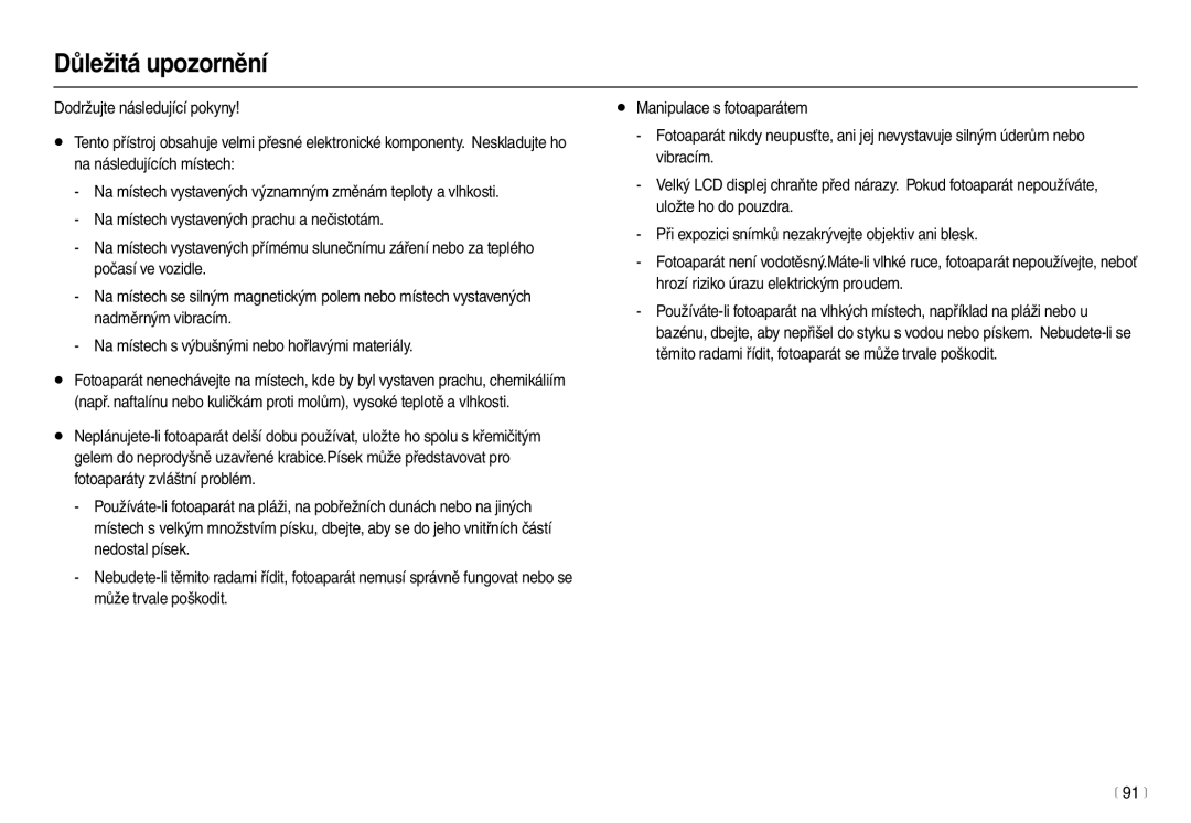 Samsung EC-L100ZBDA/E3, EC-L100ZSDA/E3, EC-L100ZBHA/E3, EC-L100ZSHA/E3 manual Důležitá upozornění, 91 m 