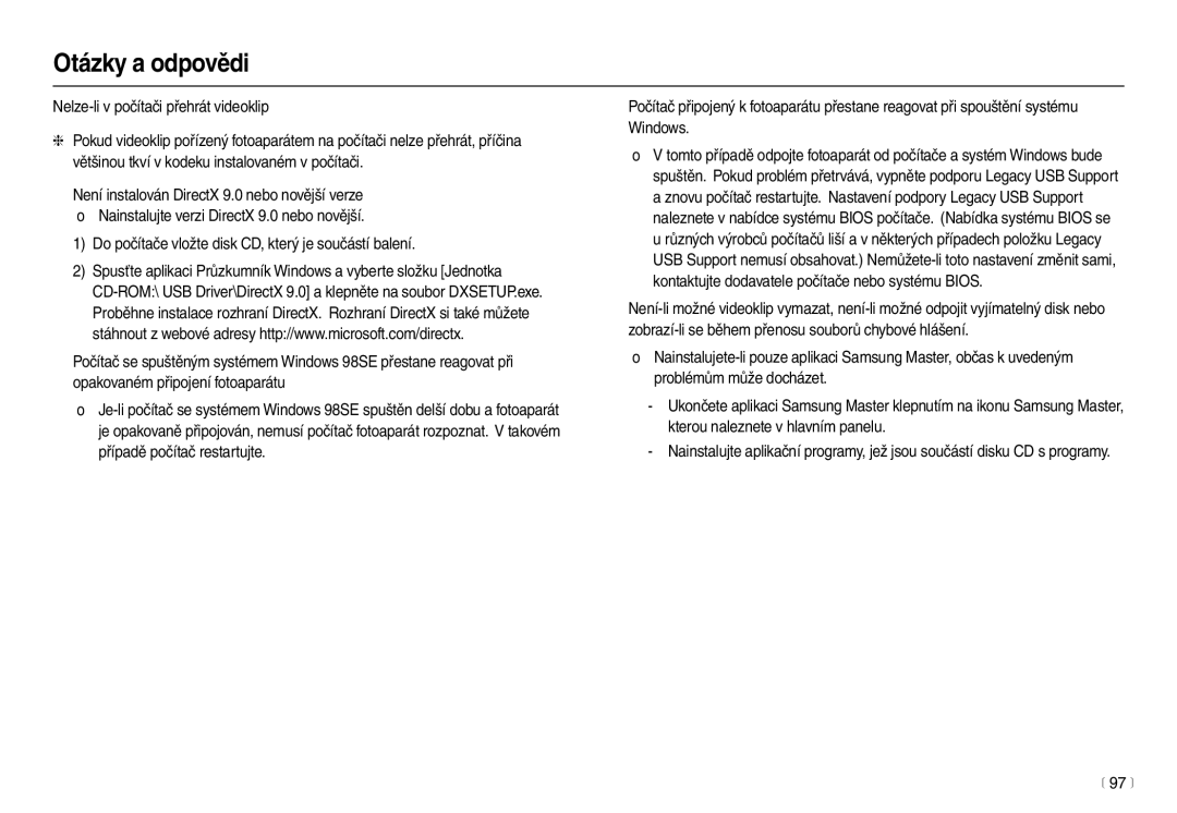 Samsung EC-L100ZBHA/E3, EC-L100ZBDA/E3, EC-L100ZSDA/E3, EC-L100ZSHA/E3 manual Nelze-li v počítači přehrát videoklip, 97 m 