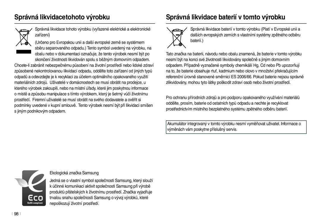 Samsung EC-L100ZSHA/E3, EC-L100ZBDA/E3, EC-L100ZSDA/E3, EC-L100ZBHA/E3 manual Správná likvidacetohoto výrobku, 98 m 