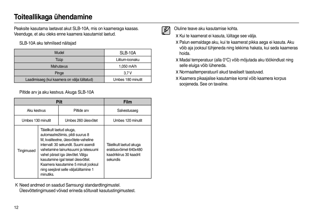 Samsung EC-L100ZBBA/RU, EC-L100ZSBA/RU manual Toiteallikaga ühendamine, „ SLB-10A aku tehnilised näitajad, Pilt Film 