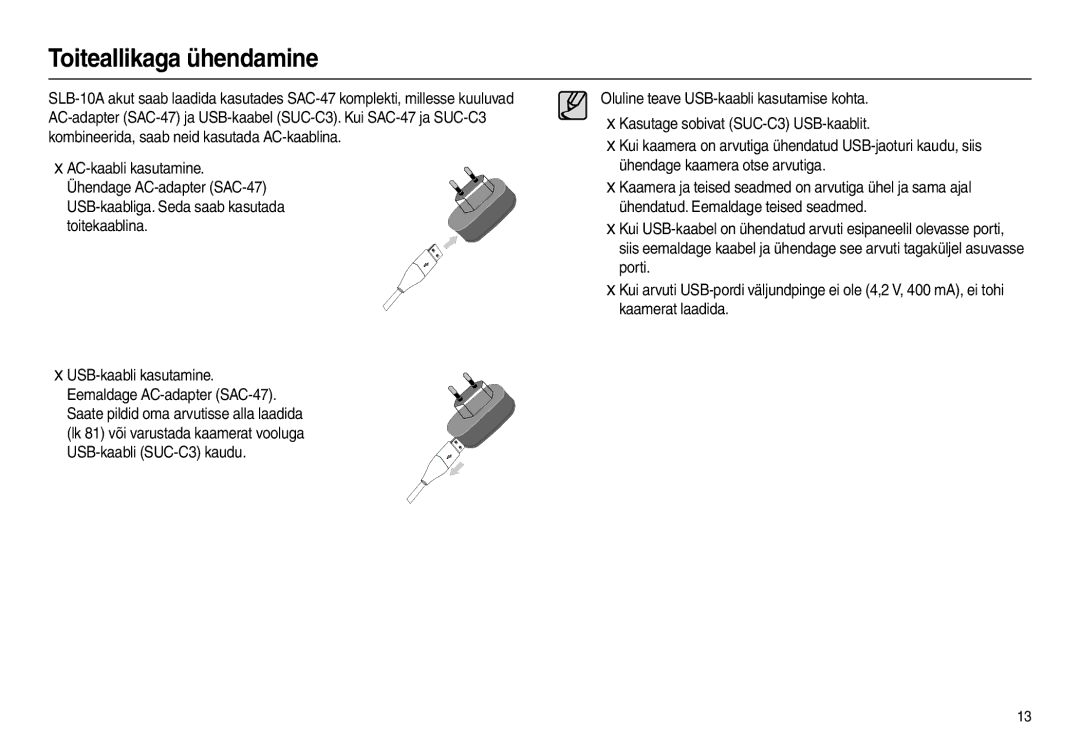 Samsung EC-L100ZSBA/RU, EC-L100ZBBA/RU manual Toiteallikaga ühendamine 