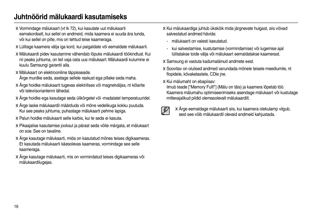 Samsung EC-L100ZBBA/RU, EC-L100ZSBA/RU manual Juhtnöörid mälukaardi kasutamiseks, Mälukaart on elektrooniline täppisseade 