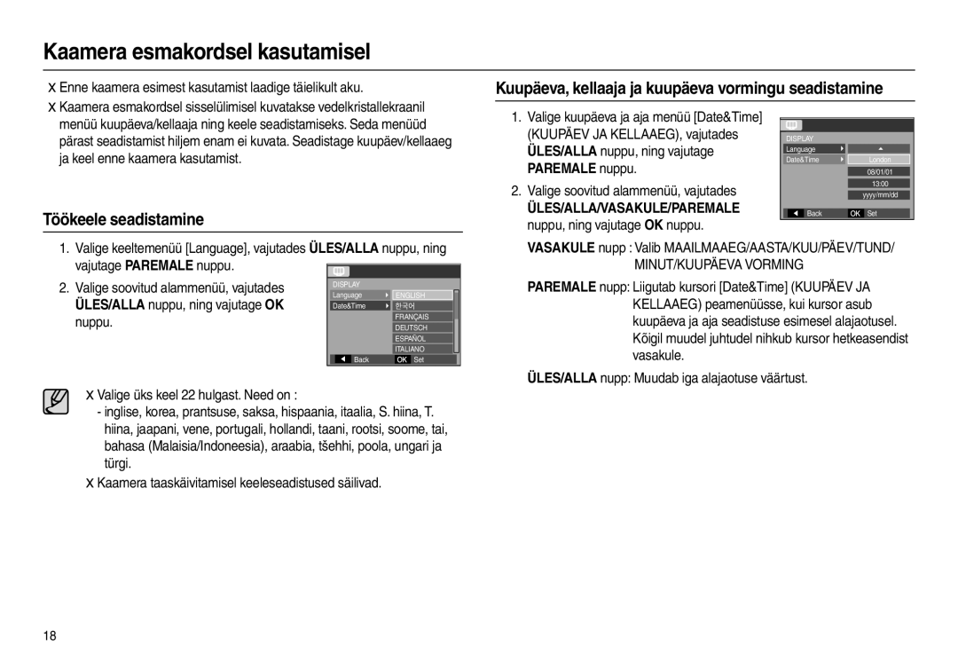 Samsung EC-L100ZBBA/RU manual Kaamera esmakordsel kasutamisel, Kuupäeva, kellaaja ja kuupäeva vormingu seadistamine, Nuppu 