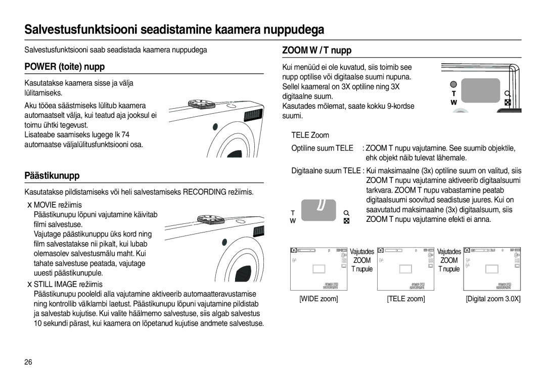 Samsung EC-L100ZBBA/RU, EC-L100ZSBA/RU Salvestusfunktsiooni seadistamine kaamera nuppudega, Power toite nupp, Päästikunupp 