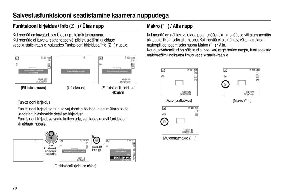 Samsung EC-L100ZBBA/RU manual Funktsiooni kirjeldus / Info  / Üles nupp, Makro  / Alla nupp, Pildistusekraan Infoekraan 