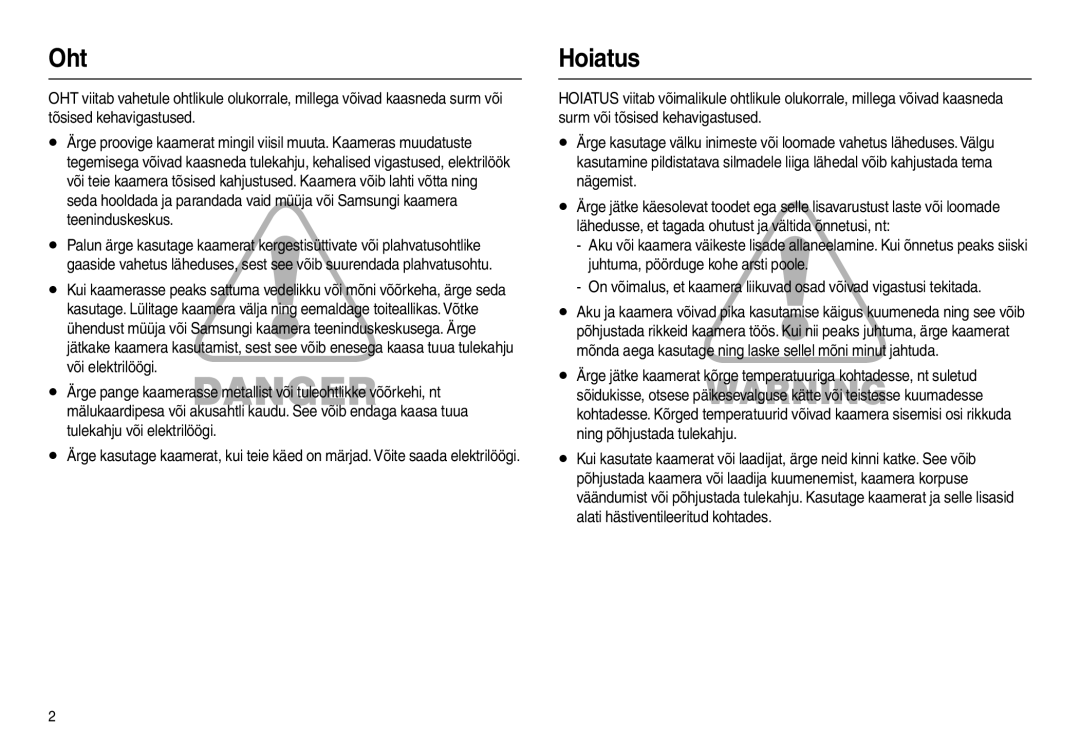 Samsung EC-L100ZBBA/RU, EC-L100ZSBA/RU manual Oht, Hoiatus 