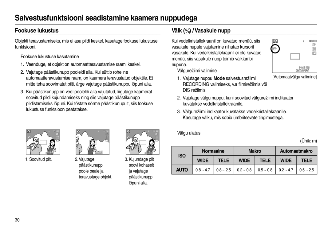 Samsung EC-L100ZBBA/RU manual Fookuse lukustus, Välk  / Vasakule nupp, DIS režiimis, „ Välgu ulatus, Normaalne Makro 