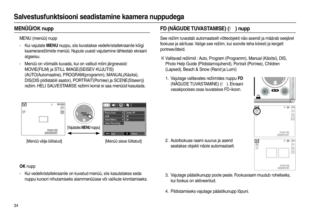 Samsung EC-L100ZBBA/RU, EC-L100ZSBA/RU manual MENÜÜ/OK nupp, FD Nägude Tuvastamise  nupp, „ OK nupp, Menüü välja lülitatud 