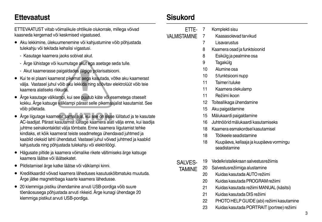 Samsung EC-L100ZSBA/RU, EC-L100ZBBA/RU manual Ettevaatust, Sisukord 