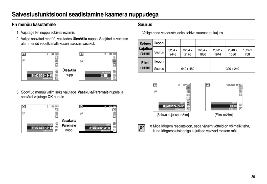 Samsung EC-L100ZSBA/RU, EC-L100ZBBA/RU manual Fn menüü kasutamine, Suurus, Vajutage Fn nuppu sobivas režiimis, Režiim 