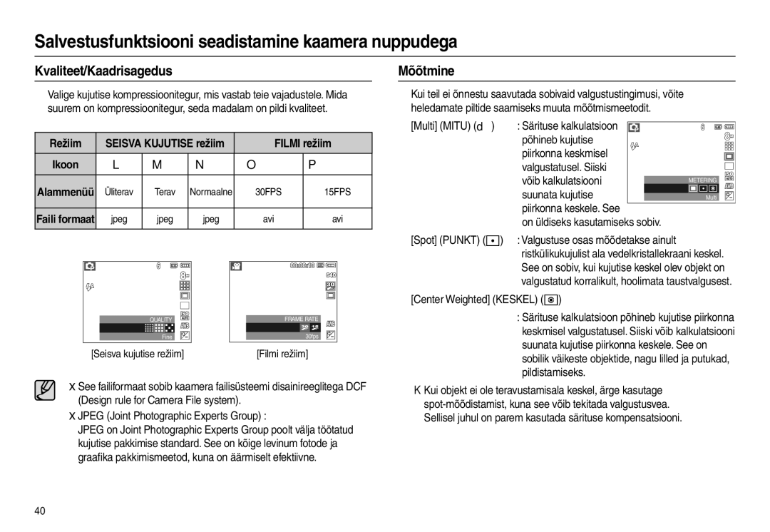 Samsung EC-L100ZBBA/RU, EC-L100ZSBA/RU manual Kvaliteet/Kaadrisagedus, Mõõtmine, Filmi režiim 