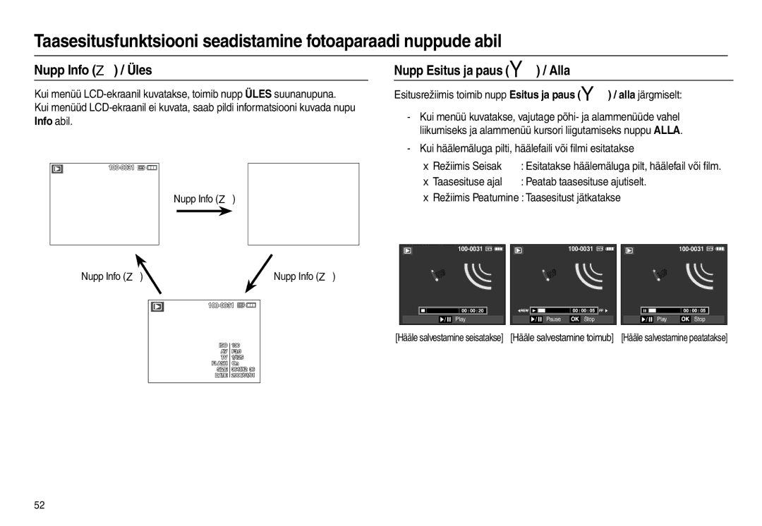 Samsung EC-L100ZBBA/RU, EC-L100ZSBA/RU manual Nupp Info  / Üles, Nupp Esitus ja paus  / Alla 