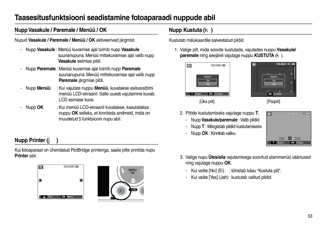 Samsung EC-L100ZSBA/RU manual Nupp Vasakule / Paremale / Menüü / OK, Nupp Kustuta , Nupp Printer , Vasakule eelmise pildi 