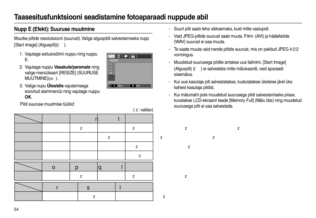 Samsung EC-L100ZBBA/RU, EC-L100ZSBA/RU manual Nupp E Efekt Suuruse muutmine 