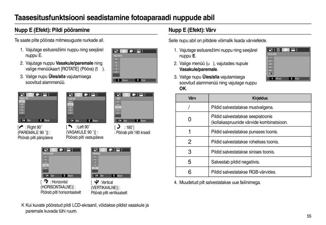 Samsung EC-L100ZSBA/RU, EC-L100ZBBA/RU manual Nupp E Efekt Pildi pööramine Nupp E Efekt Värv, Vasakule/paremale 