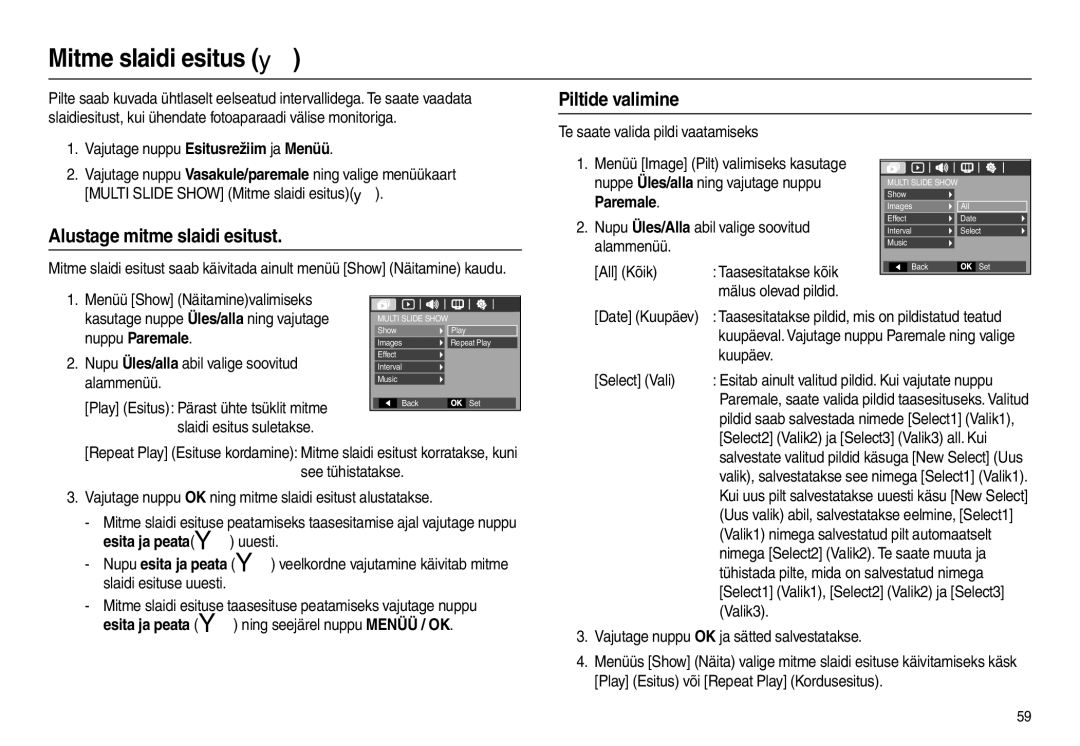 Samsung EC-L100ZSBA/RU, EC-L100ZBBA/RU manual Mitme slaidi esitus , Piltide valimine, Alustage mitme slaidi esitust 