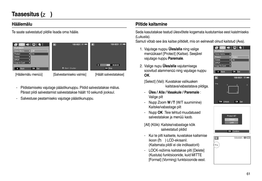 Samsung EC-L100ZSBA/RU, EC-L100ZBBA/RU manual Taasesitus , Piltide kaitsmine 