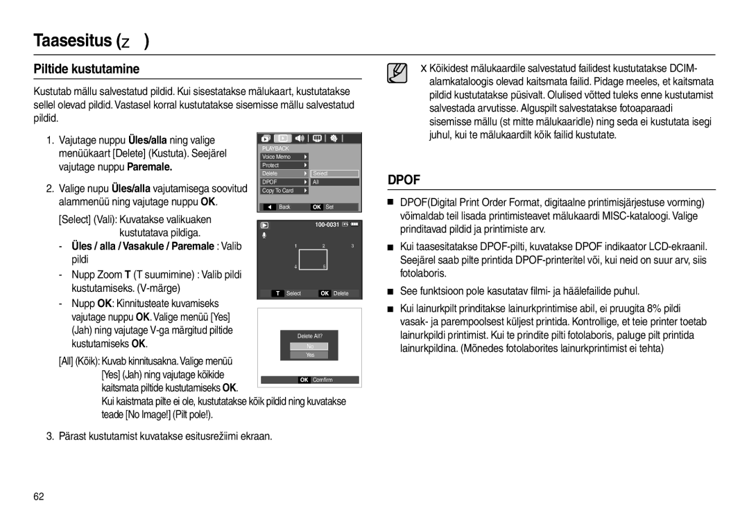 Samsung EC-L100ZBBA/RU, EC-L100ZSBA/RU manual Piltide kustutamine 