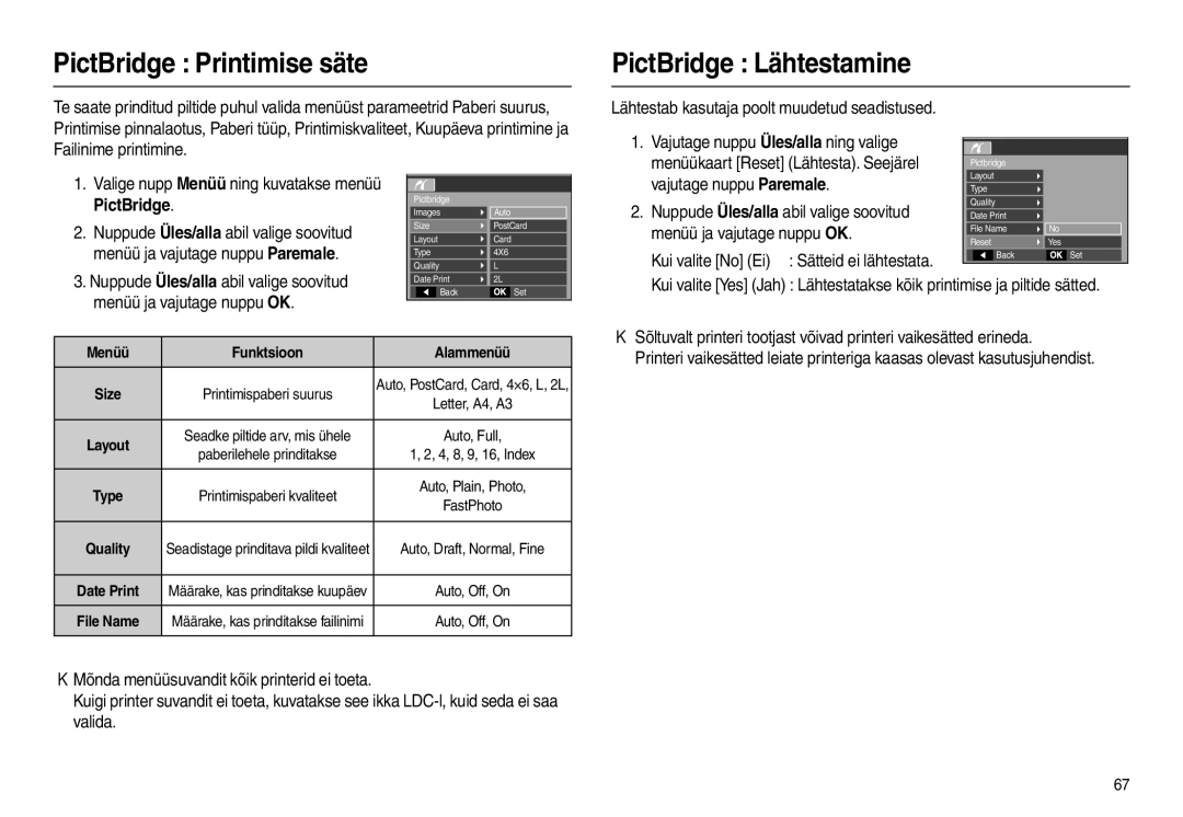 Samsung EC-L100ZSBA/RU, EC-L100ZBBA/RU manual PictBridge Printimise säte PictBridge Lähtestamine, Menüü ja vajutage nuppu OK 