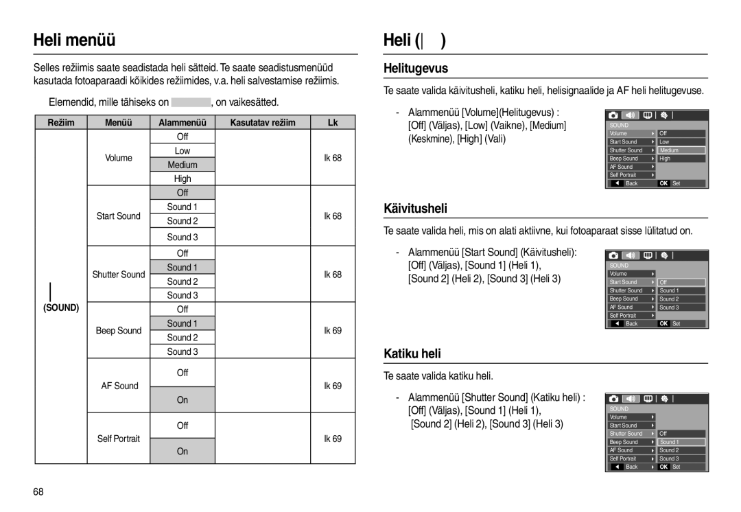 Samsung EC-L100ZBBA/RU, EC-L100ZSBA/RU manual Heli menüü, Heli , Helitugevus, Käivitusheli, Katiku heli 