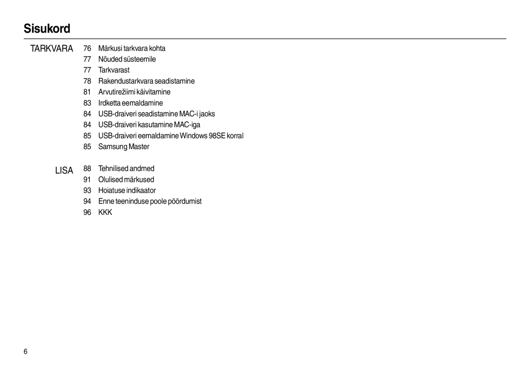 Samsung EC-L100ZBBA/RU, EC-L100ZSBA/RU manual Sisukord 