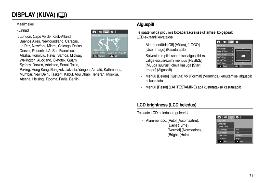 Samsung EC-L100ZSBA/RU, EC-L100ZBBA/RU manual Alguspilt, LCD brightness LCD heledus, Denver, Phoenix, LA, San Francisco 