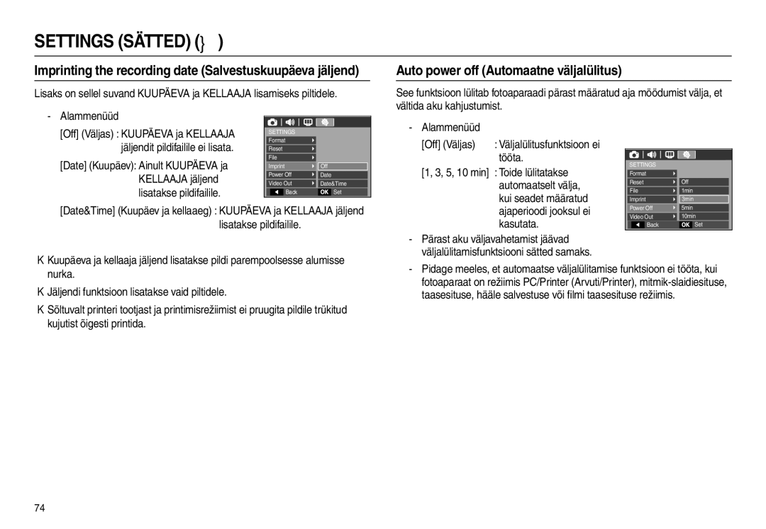 Samsung EC-L100ZBBA/RU Auto power off Automaatne väljalülitus, Imprinting the recording date Salvestuskuupäeva jäljend 