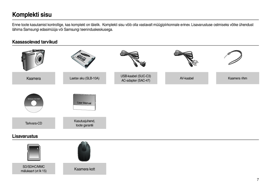 Samsung EC-L100ZSBA/RU, EC-L100ZBBA/RU manual Komplekti sisu, Kaasasolevad tarvikud, Lisavarustus, Kaamera kott 