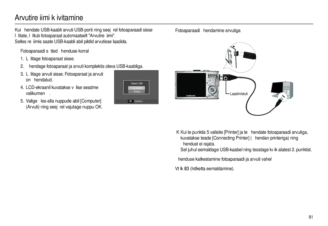 Samsung EC-L100ZSBA/RU, EC-L100ZBBA/RU manual Arvutirežiimi käivitamine, Valikumenüü, „ Fotoaparaadi ühendamine arvutiga 