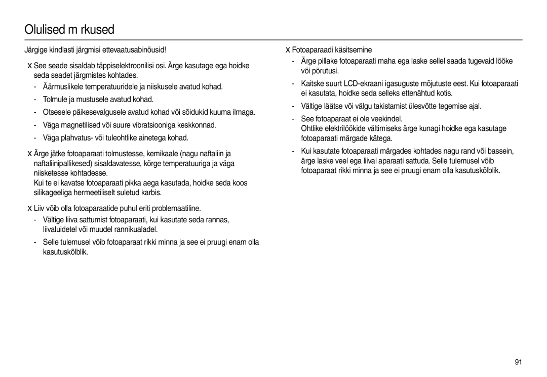 Samsung EC-L100ZSBA/RU, EC-L100ZBBA/RU manual Olulised märkused, Liiv võib olla fotoaparaatide puhul eriti problemaatiline 