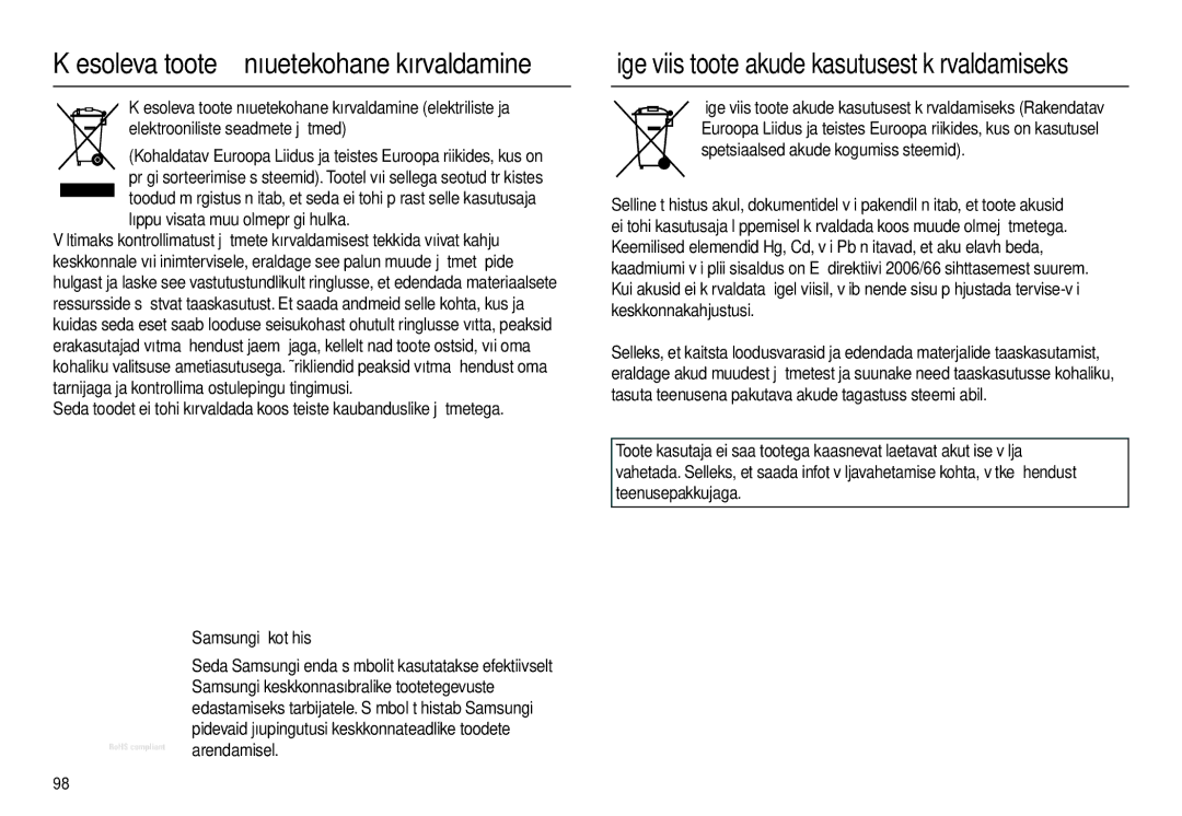 Samsung EC-L100ZBBA/RU, EC-L100ZSBA/RU manual Käesoleva toote nõuetekohane kõrvaldamine 