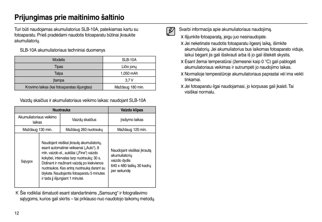 Samsung EC-L100ZBBA/RU, EC-L100ZSBA/RU manual Prijungimas prie maitinimo šaltinio 