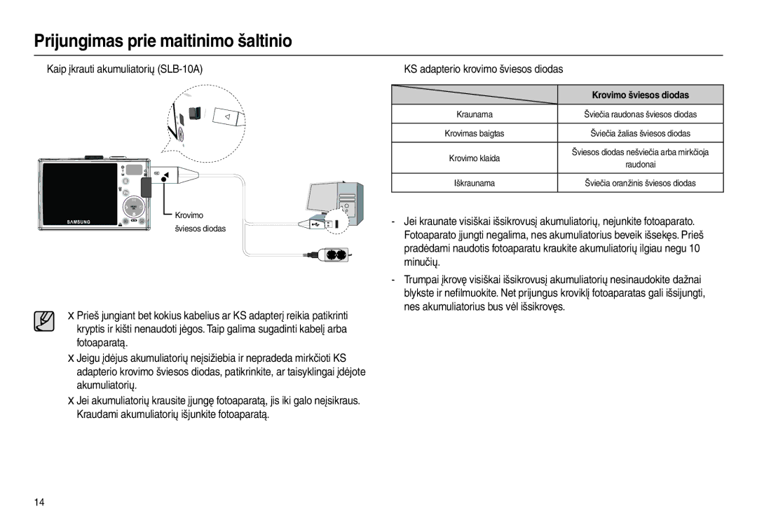 Samsung EC-L100ZBBA/RU, EC-L100ZSBA/RU manual „ Kaip įkrauti akumuliatorių SLB-10A, „ KS adapterio krovimo šviesos diodas 